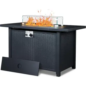 Fire Pit Table, 43" 50,000 BTU Rectangle Metal Propane Fire Table with Lid, Lava Rocks, Waterproof Dust Cover and Glass Wind Guard for Garden Backyard Deck Patio