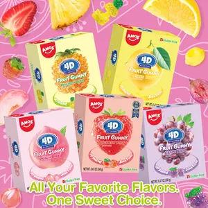 AMOS 4D Fruit Burst Gummies - Sweet & Chewy Bonbons - 240g Big Fun Pack - Strawberry Pineapple Lemon Peach & Grape - Gluten Free - 3D Heart Shape - Resealable Packaging