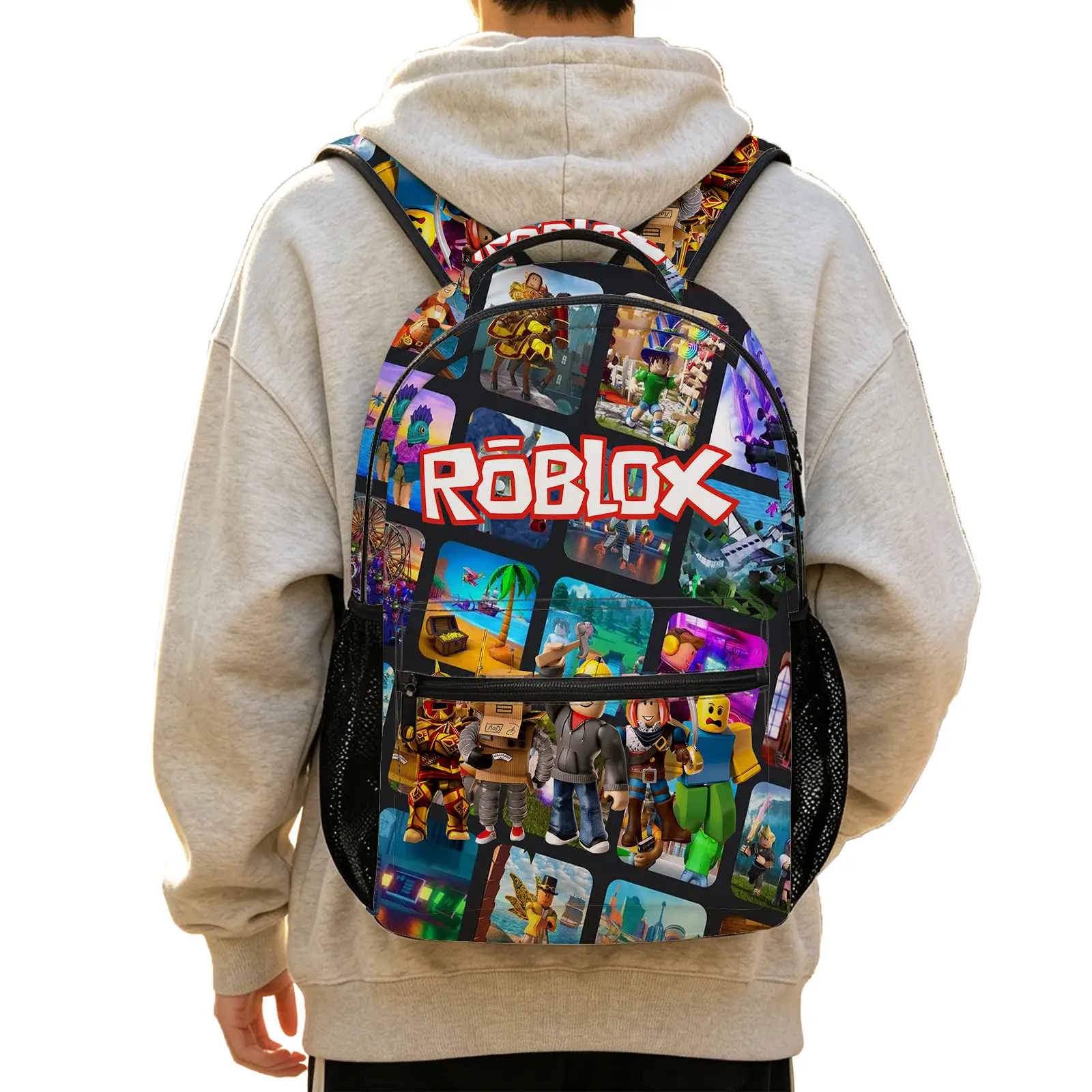 Roblox Gaming Backpack for Boys Teens, Cartoon Gamer School Bag with Laptop Sleeve, Cool Kids Game Fan Bookbag with Chest Strap