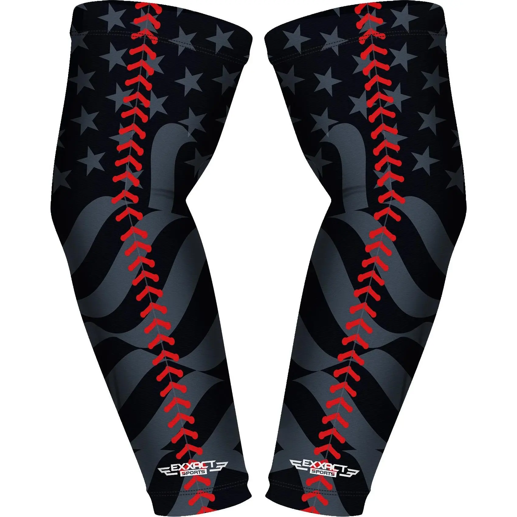 Exxact Sports 1 Pair Compression Arm Sleeves for Men Women, Breathable Baseball Arm Sleeve Football Sleeves Youth Adult - (Black Baseball Flag)