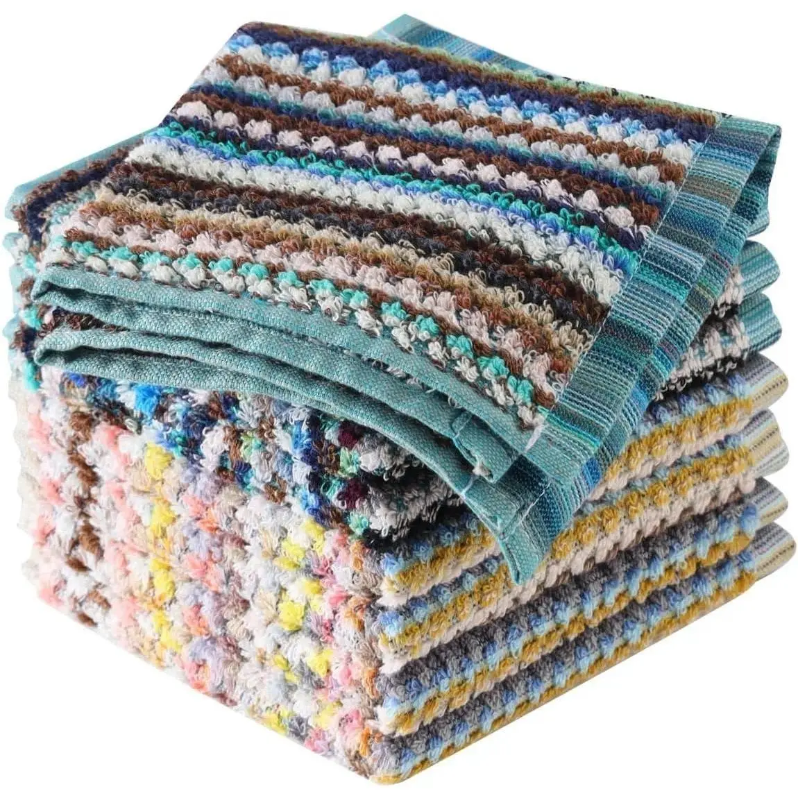 Soft Ultra-Absorbent Cotton Dishcloths - 8 Pack, 12x12 in, Quick-Drying, Multicolor Striped Kitchen Rags for Cleaning, Ideal as a Gift