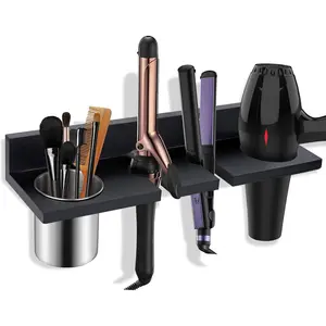 Hair Tool Organizer Wall Mounted - Wooden Dryer Holder, Blow Dryer Holder for Bathroom, Rustic Styling Tools Organizer for Flat Iron, Curling Wand, Hair Straighteners, Brushes, Black