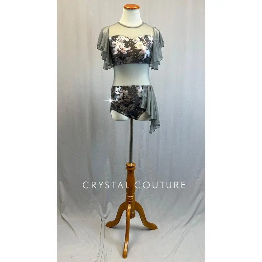 Grey Metallic Floral Leotard with Mesh Side Bustle and Flutter Sleeves - Rhinestones