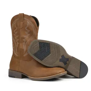 VIMISAOI Cowboy Boots for Men Classic Embroidered Western Boots Slip Resistant Square Toe Chunky Heel Ankle Boots Durable and Fashionable Retro Short Boots Summer Boots