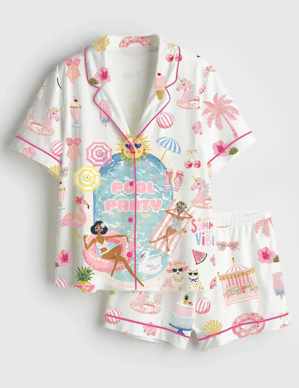 Summer Pool Party Piping Tropical Flamingo Unicorn Art Short and Long Sleeve Pajama Set, Sleepwear for Women