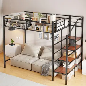 Twin Size Loft Bed with Storage Shelves & Stairs, Metal Loft Bed Frame Twin size with Upper Grid Storage Shelf, No Box Spring Needed, Space Saving, Black