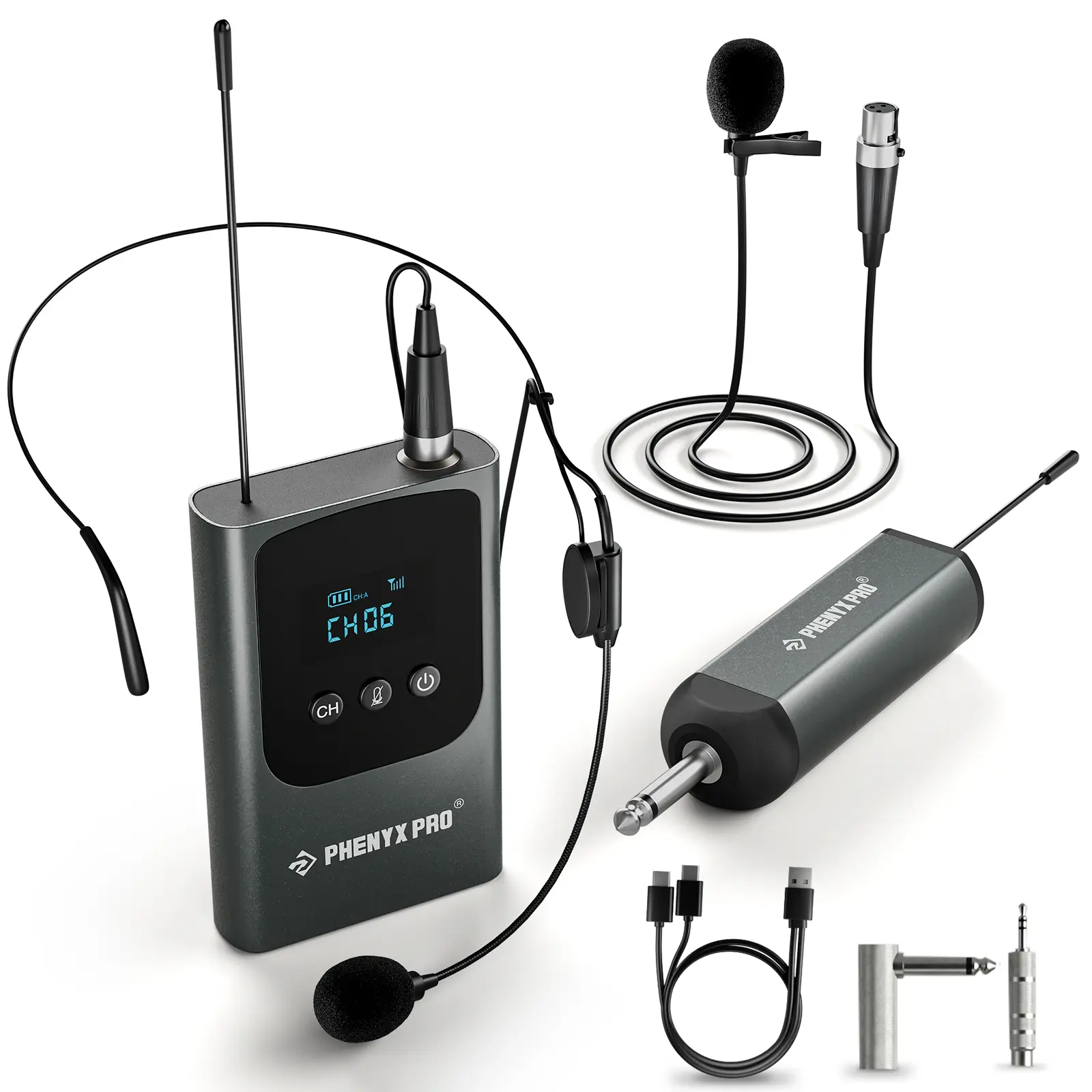 Phenyx Pro PDP Series UHF Digital Rechargeable Wireless Microphone System - Single Bodypack Transmitter, Bonus Headset, Wireless Lavalier Mics, Clip, Battery-Powered Mini Receiver, 15 Selectable Frequencies for Karaoke, Speaking