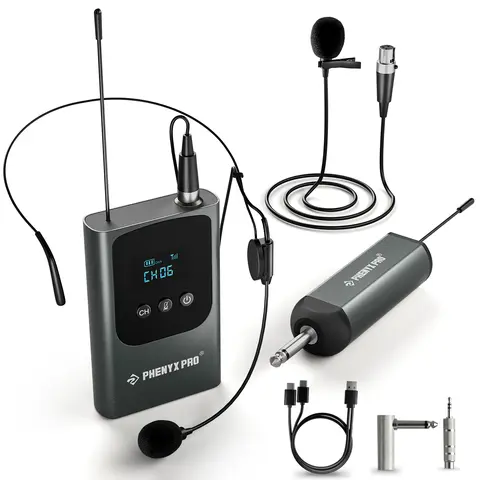 Phenyx Pro PDP Series UHF Digital Rechargeable Wireless Microphone System - Audio Kit with Single UHF Bodypack Transmitter, Bonus Headset & Lavalier Mic, Clip, Battery-Powered Mini Receiver, 15 Selectable Frequencies, Mute Function for Karaoke, Speaking