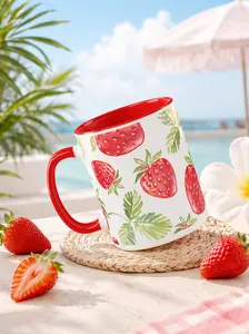 Pink Strawberry Print Mug | Aesthetic Ceramic Coffee Cup | Cute Gift for Her