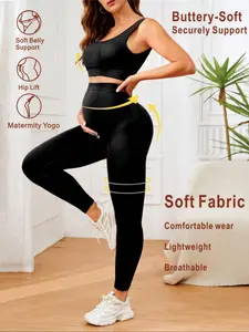 Women's Maternity Seamless Knitted Yoga Set, Ribbed Bra & Long Pants Sports Wear, Comfortable Maternity Activewear Pajamas Sets 2 Piece Outfits Short Sleeve Shirts and Legging Pregnancy Loungewear, Maternity Clothing