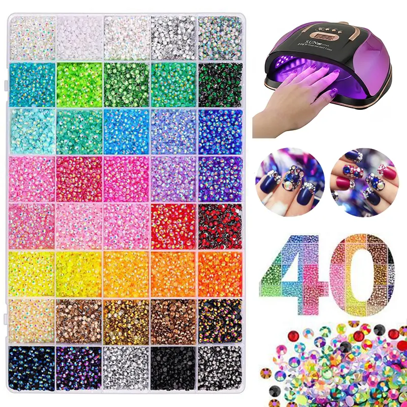 Nail Art Rhinestone Bedazzling Kit with 3D Adhesive Backed Acrylic Rhinestones, 40-Grid 32000-Piece Set, Nail Art Tools (Dotting Pen & Tweezers) for DIY Manicure, Hair Accessories, 3D Acrylic Nail Art Rhinestones