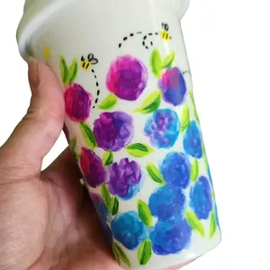 Floral Hydrangea Ceramic Travel Mug- Hand Painted Coffee Cup, Perfect Gift for Moms