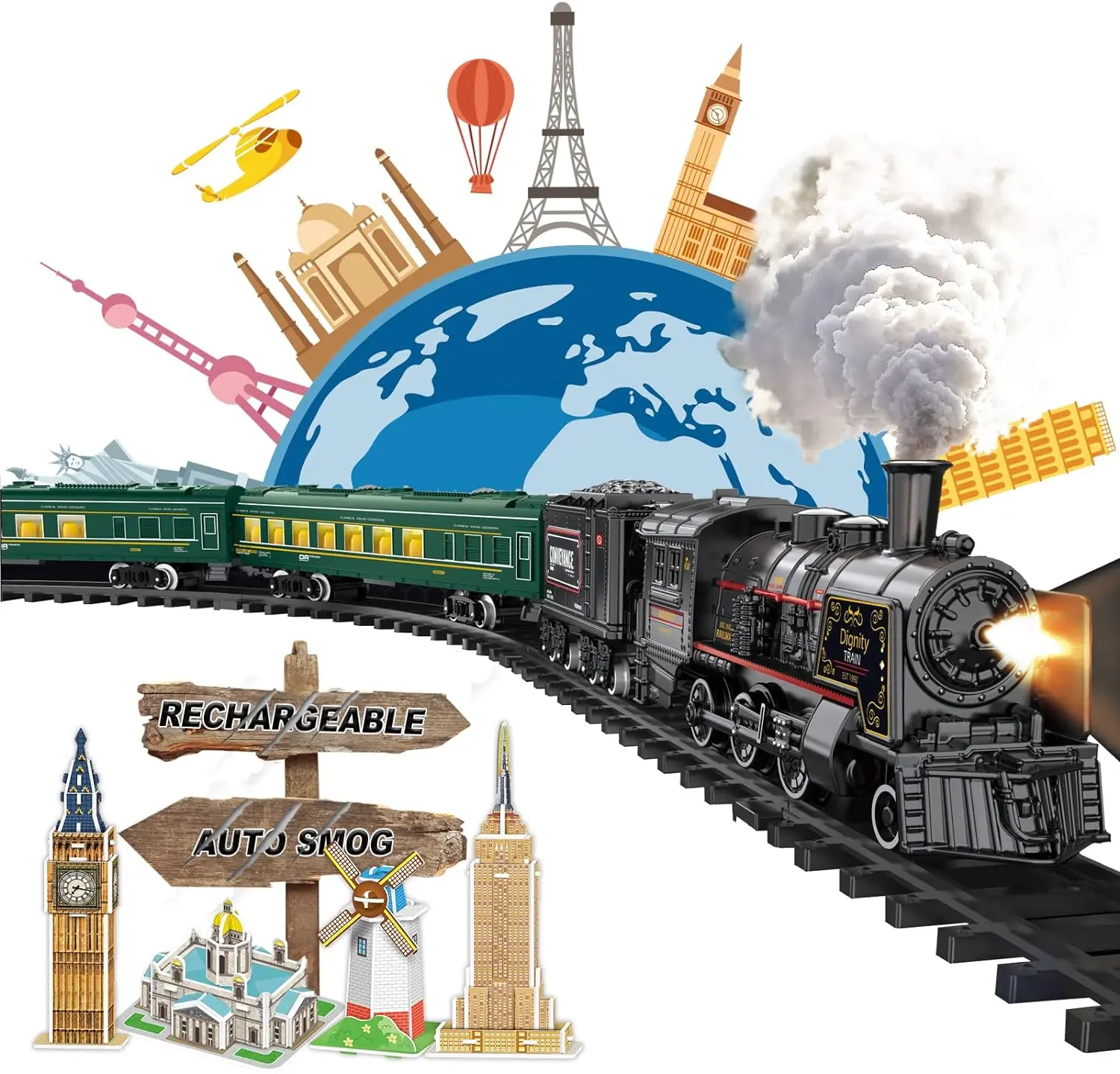 Green Rechargeable Electric Metal Alloy Train Set - Steam Locomotive, Passenger Carriages, Track Parts (Oval Layout), Lights & Sounds, Christmas Decoration, Birthday Gifts for Kids 3-8+ Years Old (210 Mins Runtime, 6 Months Warranty Compatible)