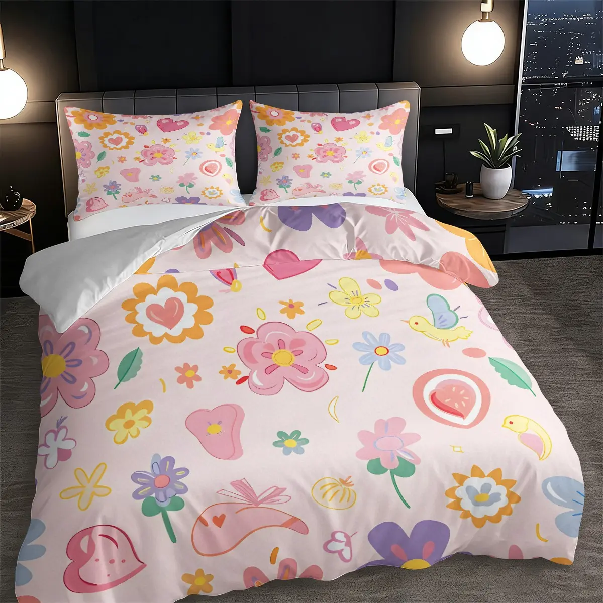 Three-piece Set - Adorable Animal and Flower Printed Bedding, Including One Quilt Cover and Two Pillowcases (without Quilt Insert). Suitable for Bedrooms and Guest Rooms, Available in Various Sizes. Made of 100% Polyester, Machine Washable.