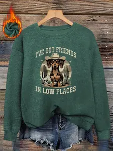 Western Dachshund Pattern Print Women's Faux Sweater, Long Sleeve Round Neck Fitted Pullover, Soft Elastic Fabric, Casual Fall & Winter Top