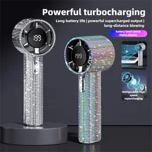 Rhinestone Handheld USB Fan - 199-Speed Turbo, Digital Display, Rechargeable, Portable Cooling for Travel, Outdoor Activities