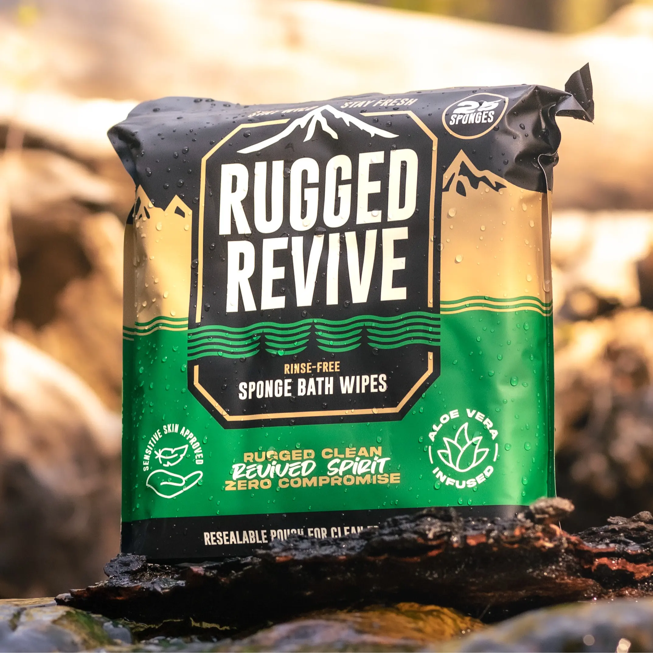 Rugged Revive Rinse-Free Bath Sponge - Lightweight Aloe Vera Infused Sponge Bath Wipes - 25 Sponges - Zero Compromise - Rinse-Free Convenience