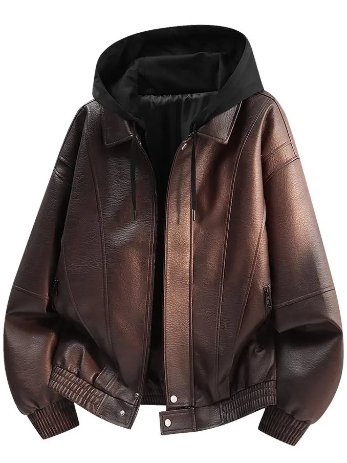 Men’s vintage faux leather hooded motorcycle jacket, casual outerwear, street-style faux leather motorcycle jacket with hood and pockets, men’s faux leather motorcycle jacket, bomber jacket with zipper and ribbed hem