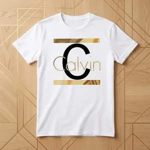 100% Cotton Calvin Women's Casual Short Sleeve Round Neck T-Shirt Bold CALVIN Pattern Print Gold Letter Geometric Pattern Smooth Fabric Everyday Versatile Fashion Design Fit Womenswear Tee Printed Luxury Inspired Graphic Tee