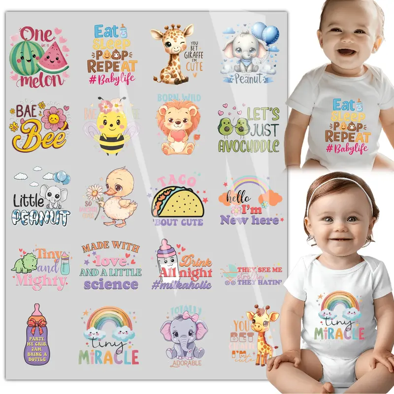 20 Sheets Baby Iron on Transfers - Cute DTF Transfer Ready to Press Onesie Decorating Kit Making Heat Patches Stickers for Bibs DIY Crafts T-Shirt Clothing