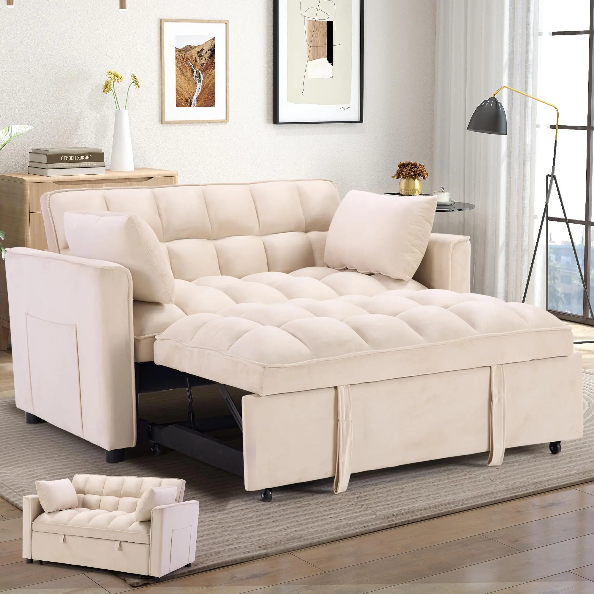 EBELLO 3-in-1 Convertible Sofa Bed - 3-in-1 Design Pull Out Sleeper Couch, Velvet Loveseat with Adjustable Backrest, Side Pockets, Pillows, Sponge, 45.5"W × 43.5"D × 10"H, Assembly Required, Modern Indoor Furniture for Living Room, Bedroom, Small Spaces,