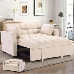 EBELLO 3-in-1 Convertible Sofa Bed - Pull Out Sleeper Couch, Velvet Loveseat with Adjustable Backrest, Side Pockets & Pillows, Modern Multi-Functional Furniture for Living Room & Small Spaces