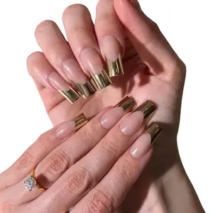 24K Tips Press On Nails - Metallic Gold Curved Tips, Nude Base, Coffin Shape, Glossy Finish, Easy Application, Long Lasting Wear