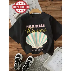 Womens 100 Percent Cotton Graphic Tee Palm Beach Waves Seashell Print Short Sleeve Crewneck Summer Beach Vacation Shirt Casual Streetwear Top