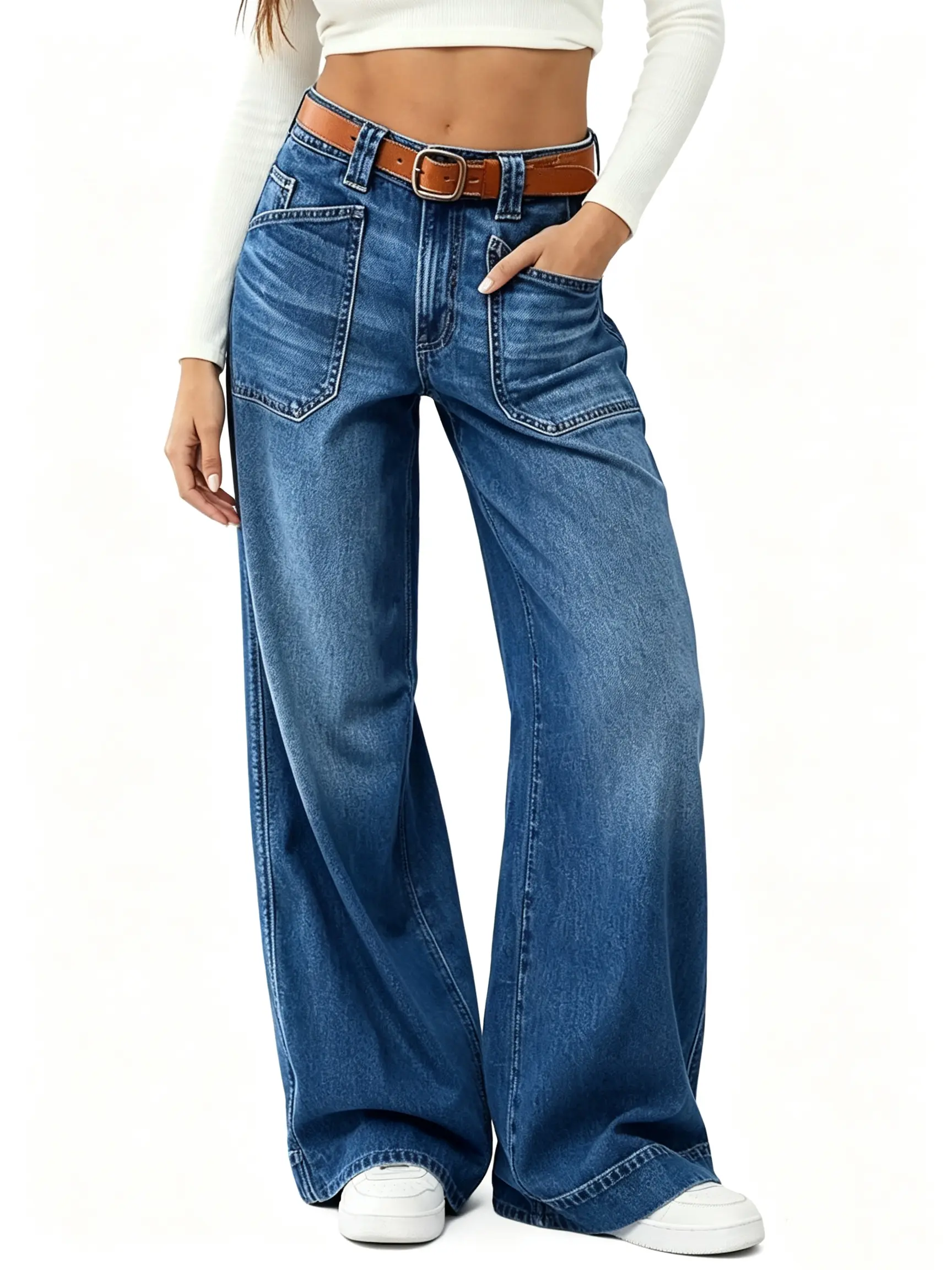 Women's High-Rise Oversized Stretchy Boyfriend Jeans - Wide-Leg Baggy Denim Pants with Pockets Women's High-Rise Oversized Stretchy Boyfriend Jeans - Wide-Leg Baggy Denim Pants with Pockets