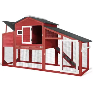 Chicken Coop Wooden Backyard Hen House - Indoor Outdoor for 2-3 Chickens, 2 Story Poultry Cage with Run, Chicken Nesting Box with Pull Out Trays and Anti-Slip Asphalt Ramps
