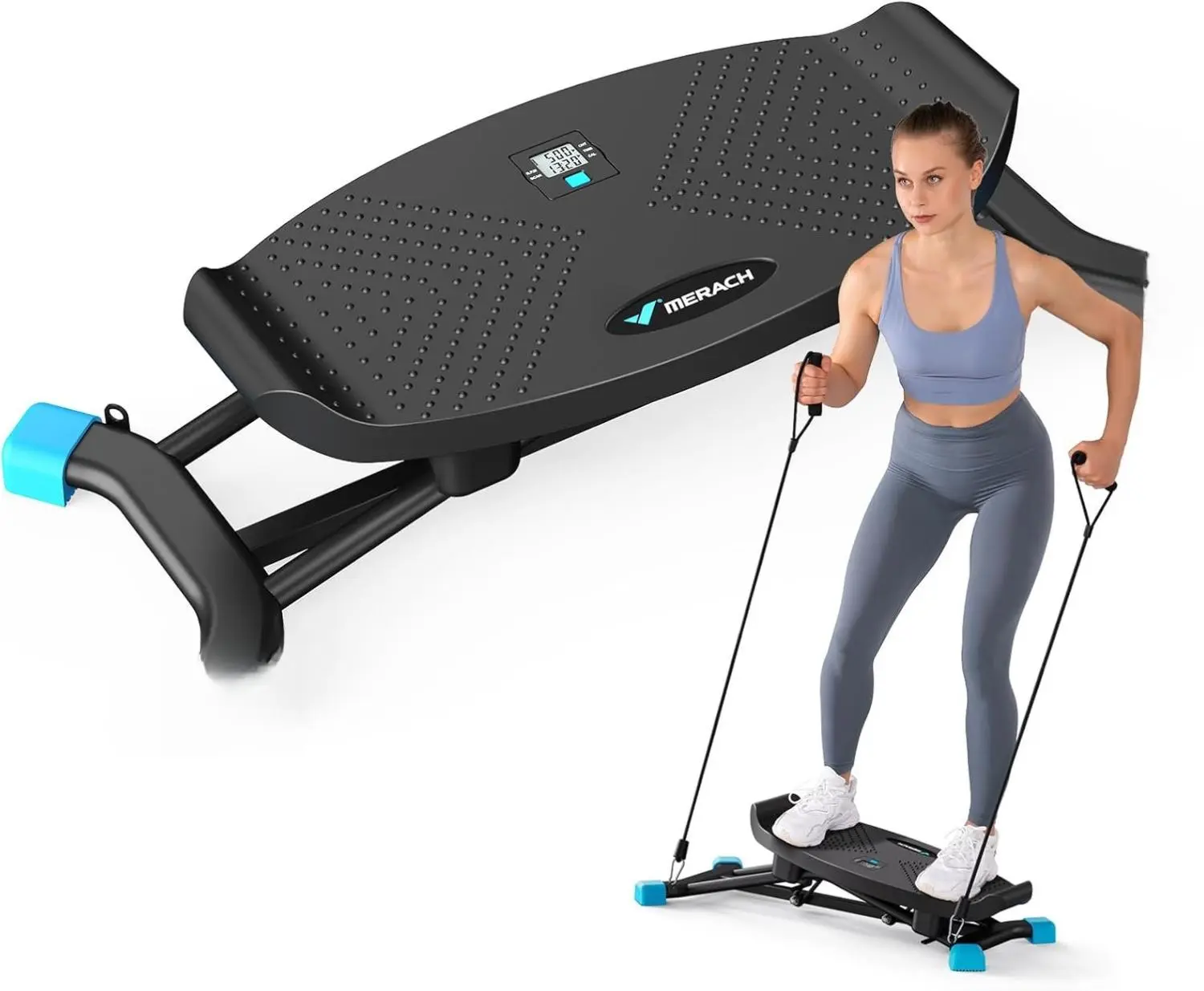 MERACH Mini Stair Stepper with Resistance Bands for Full Body Workout, 300 LBS Capacity, Compact Design, LCD Display, 12 Months Warranty
