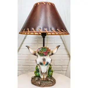 Rustic Western Cow Skull With Floral Succulents Feathers And Cactus Table Lamp