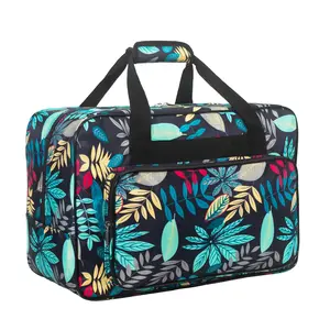 [Dark blue] Travel storage bag, fashionable leaf print, weekend bag, duffel bag, handbag Suitable for sewing machine storage carry-on luggage, luggage organizer for weekend travel, universal handbag storage bag with pockets and handles