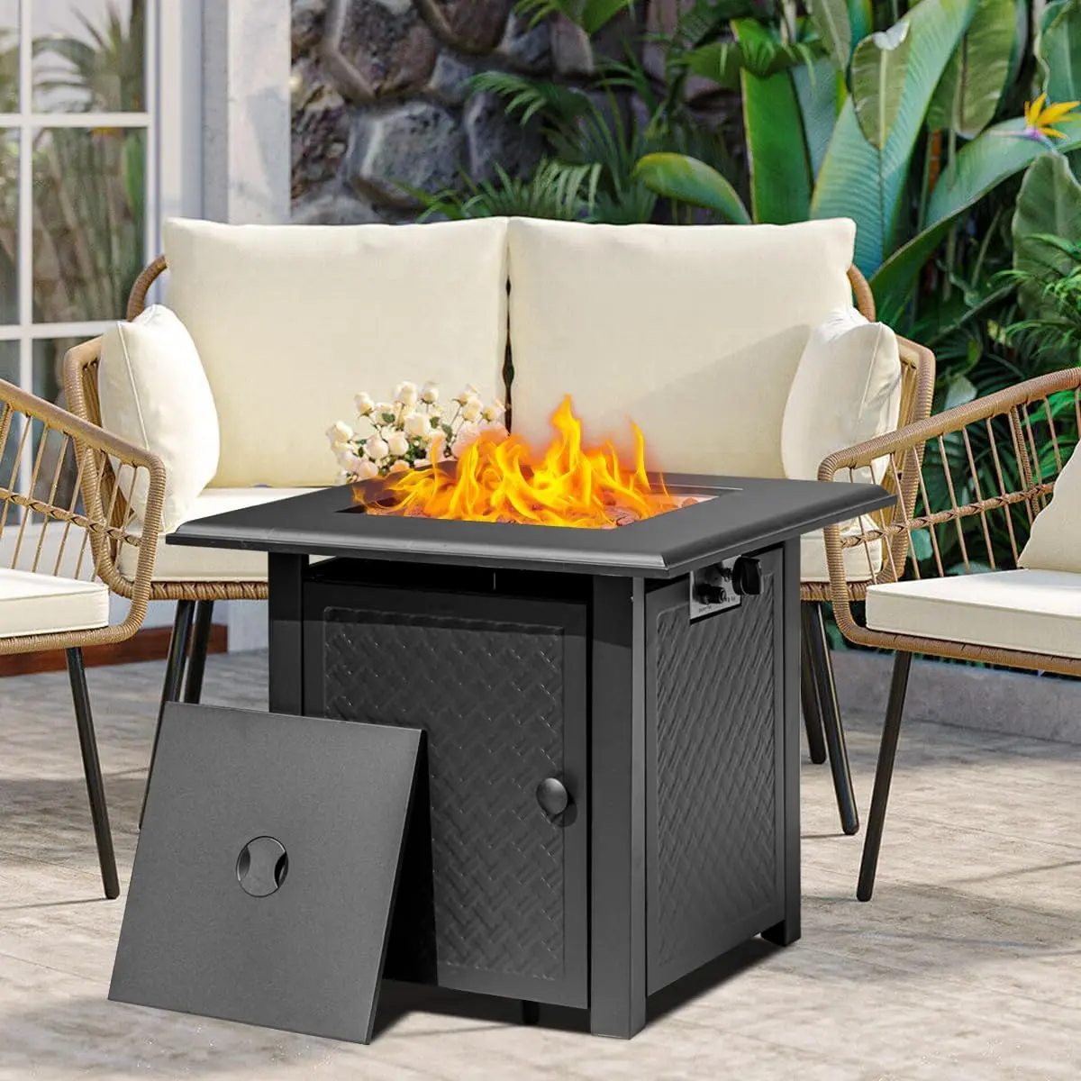 Outvue Gas Fire Pit,28 Inch Propane Fire Pit Table, 50,000 BTU Steel Gas Fire Pit for Outdoor Paito Garden Backyard,Add Warmth and Atmosphere to Gatherings and Parties