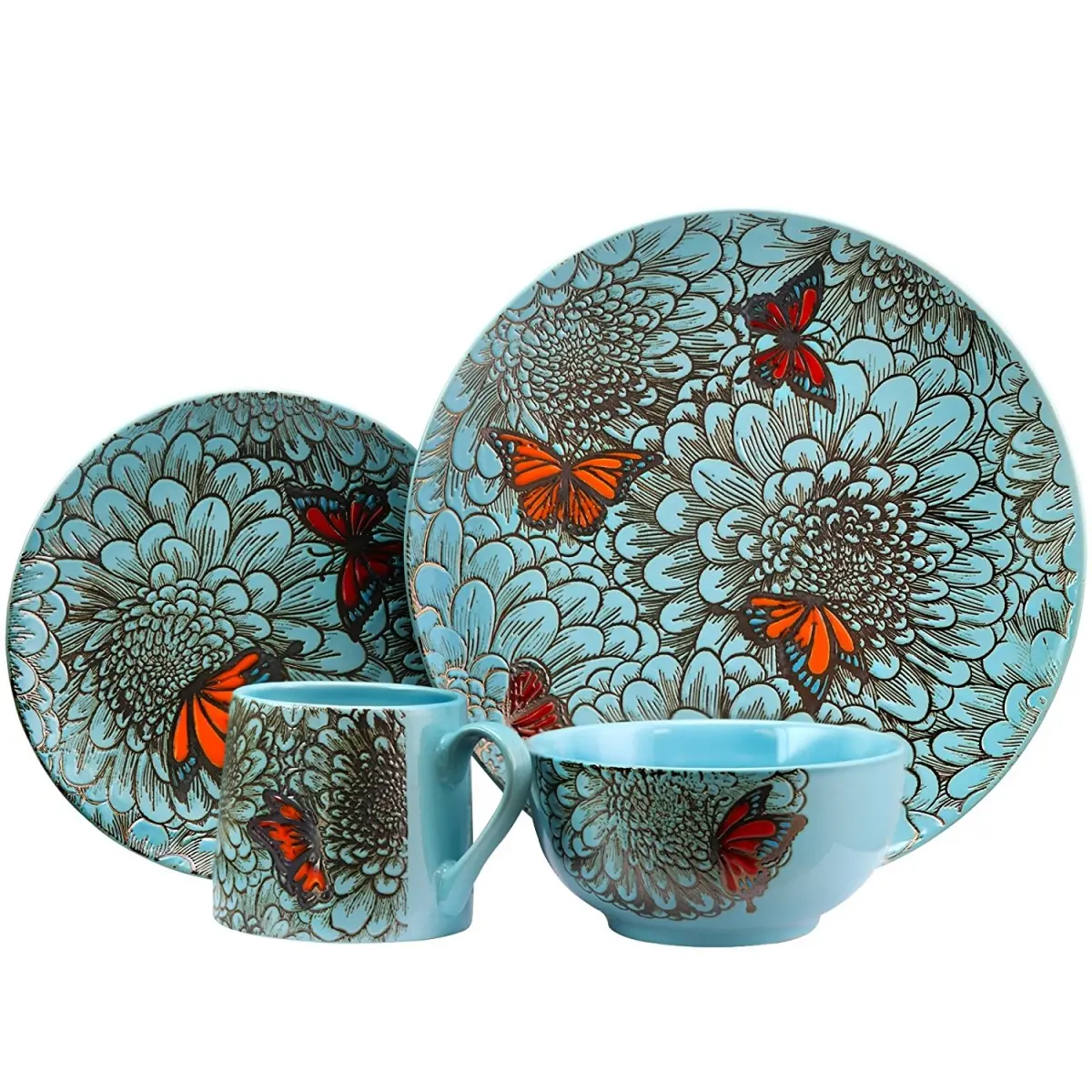 212 MAIN 16-Piece Floral Print Stoneware Tableware Set - Microwave Safe, Includes Bowls and Mugs (Elama ELM-BUTTERFLY-GARDEN Collection), Dinnerware Sets, Flat Plate Dinner Sets