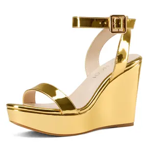 Women Platform Wedge Sandals Round Peep Open Toe Ankle Strap Slingback Two-Piece Chunky Block High Heel Dress Shoes Pumps Party Patent 4 Inch