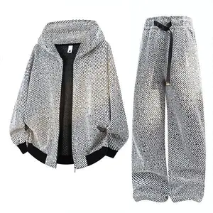 Men’s Black & White Pattern Sports Set – Oversized Hooded Jacket + Drawstring Pants, Urban Style Trendy Casual Outfit