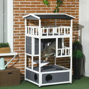 Wooden Outdoor Cat House with Waterproof Asphalt Roof, Wood Frame, Escape Doors, Condo, Jumping Platform, Grey Feral Cat Shelter Kitten Tree