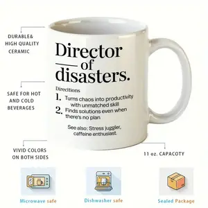 1pc Chaotic Boss Cup - 11-Ounce Ceramic Coffee Cup, Humorous "Disaster Director" Design, Fun Office Gift for Boss Or Manager, White with Black Text, Hot And Cold Drinks, Reusable, Classic-Shaped Mug, Witty Desk Supplies, Manager'S Thank-You Gift