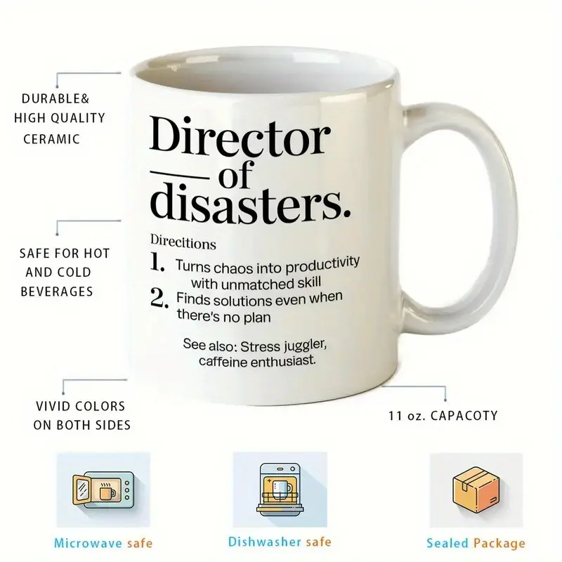 1pc Chaotic Boss Cup - 11-Ounce Ceramic Coffee Cup, Humorous "Disaster Director" Design, Fun Office Gift for Boss Or Manager, White with Black Text, Hot And Cold Drinks, Reusable, Classic-Shaped Mug, Witty Desk Supplies, Manager'S Thank-You Gift