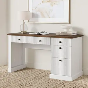 Garvee 54" Fluted Executive Desk with Charging Station, Modern Wood Computer Desk with File Cabinet & Drawers, Home Office Writing Table for Study, Bedroom, Living Room, Brown & White