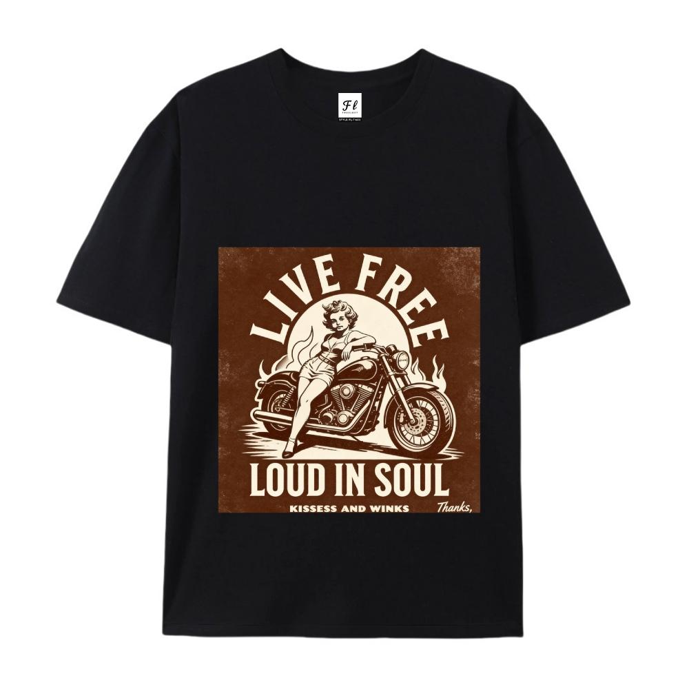 Live Free Loud In Soul Retro Biker Graphic Tee Vintage Motorcycle Pin Up Print Casual Streetwear For Men