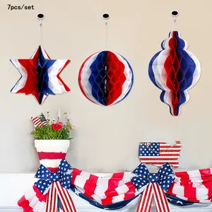 7pcs/set American Independence Day Honeycomb Ball Hanging Decor, Festival Window Home Decoration Paper Balls, Blue Stars Hearts 3D Hangings