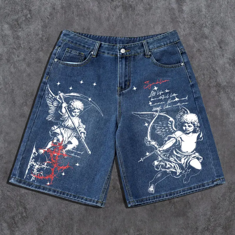 Men's Summer Casual Button Fly Denim Shorts with Pocket, Gothic Angel Symbolism Graphic Print, Loose Fit, Dark Streetwear Style, Punk, Trendy Fashion, Daily Wear Menswear