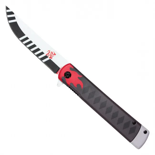 Red Flame Katana Pocket Knife – Black Handle – Japanese Sword Style – Anime Inspired Folding Knife – Assisted Opening – Samurai Collectible – Warrior Gift