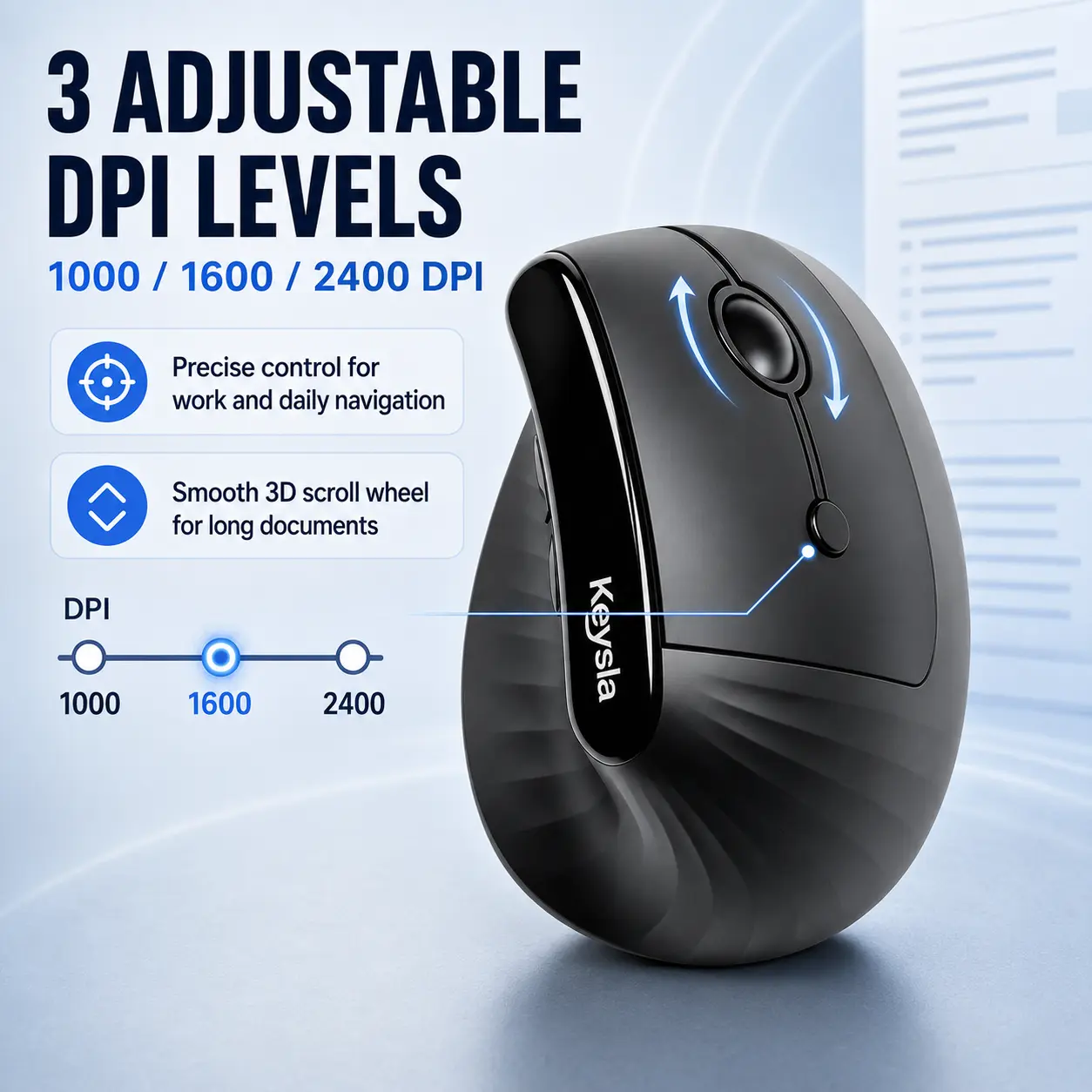 Keysla Ergonomic Mouse (Black) - 57° Vertical Design, Non-Slip Textured Grip, Bluetooth 5.0 & 2.4G Dual Connection, Quiet Clicks, 3 Adjustable DPI, Smooth Scroll, Wrist Pain Relief, PC Accessories for Office Use