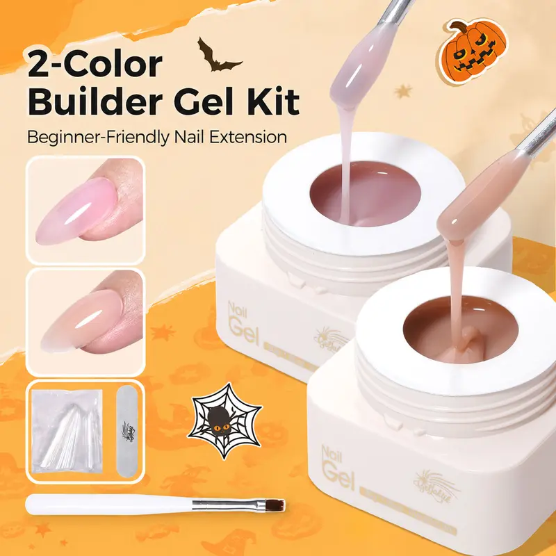 GELLAKTIK 7-in-1 Builder Base Gel Nail Polish (30g*2 with Tools) - Pink-Nude Glossy Base Coat, Soak-Off UV-Cure Manicure Strengthener, Nail Art Rhinestone Cleanser & Wipe, Lightweight Natural Jelly Care Item