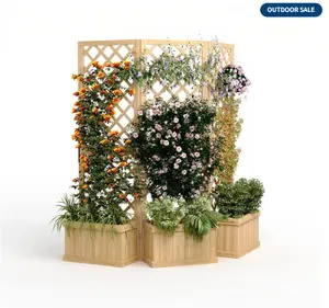 62"x10"x65" Garden Privacy Screen,Cedar Wood Panel with Integrated Planter Box, 3 Hinged Sections