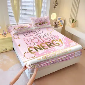 Sweet printed fitted sheet set, Soft bedding sheet, 1 fitted sheet & 2 pillowcases without filler, features artistic lettering & sweet-themed decorative elements, perfect for trendy girls, multiple styles available
