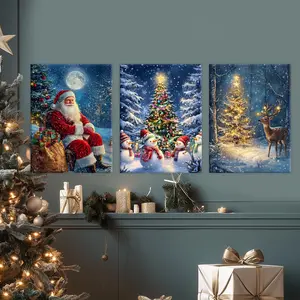 Christmas Themed Wooden Framed Canvas, 3 Counts/set Smiling Santa Claus & Snowman & Deer Pattern Wall Art, Wall Decor for Home Living Room Bedroom Office